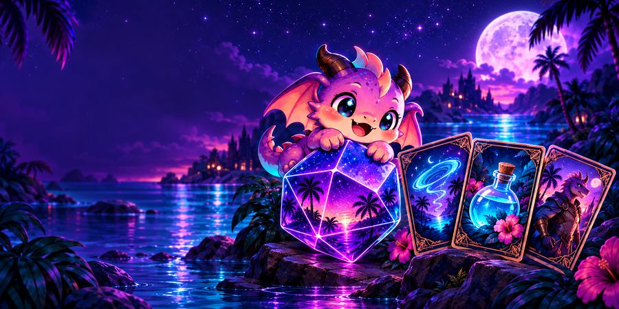 A little purple dragon with glowing dice and illustrated custom tabletop cards.