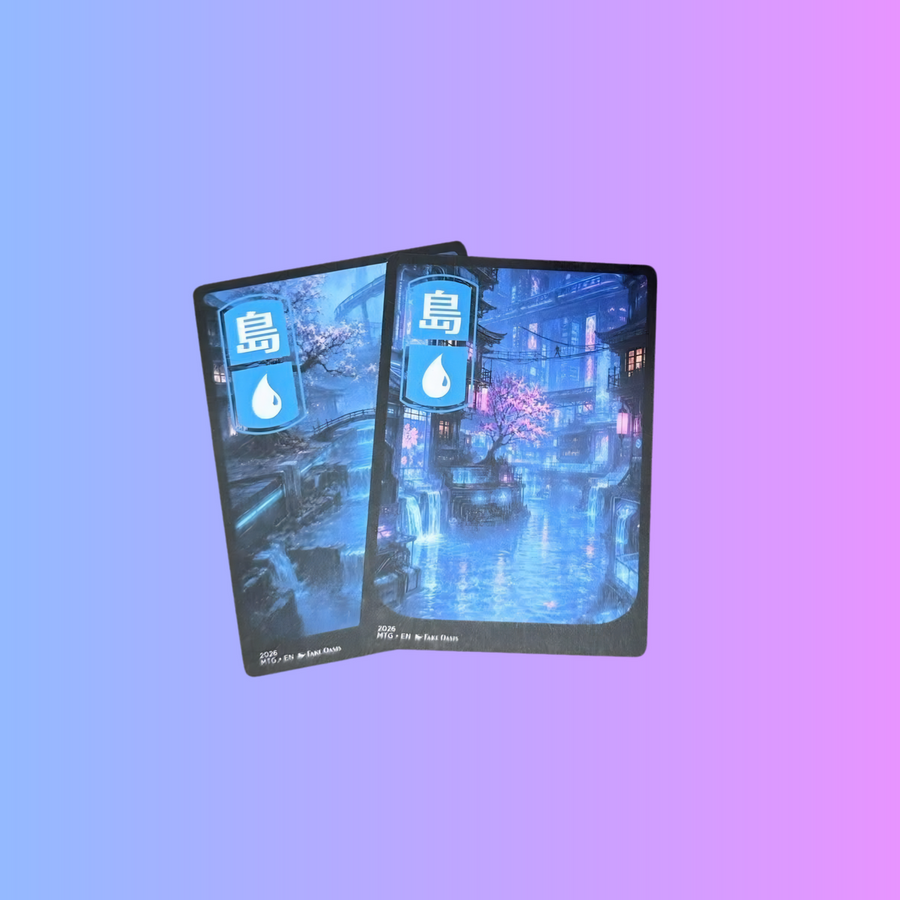 Two custom Island card prints showing a blue cityscape on a blue-to-purple background.