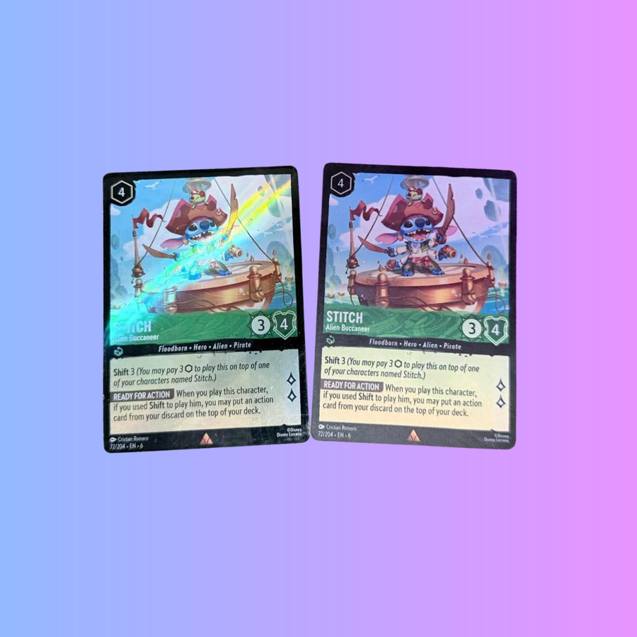 Two Stitch custom prints for Disney Lorcana, with visible rainbow foil reflections on the left card.