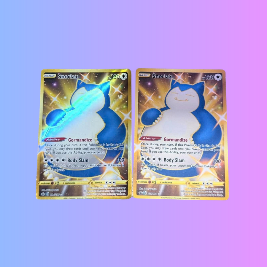 Two Snorlax custom prints for Pokémon, with visible rainbow foil reflections on the left card.
