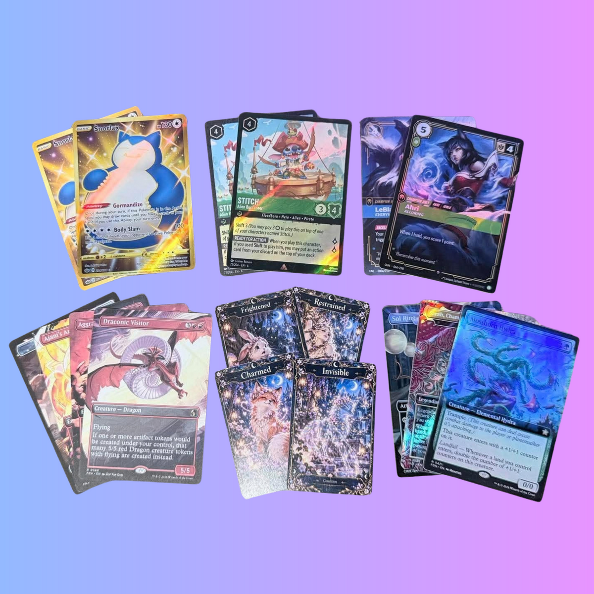 Fake Oasis custom-print examples: Pokémon, Disney Lorcana, Riftbound, MTG artwork, and illustrated tabletop condition cards on a blue-to-purple background.