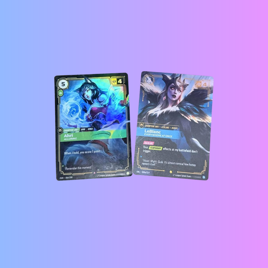 Ahri and LeBlanc custom prints for Riftbound on a blue-to-purple background.