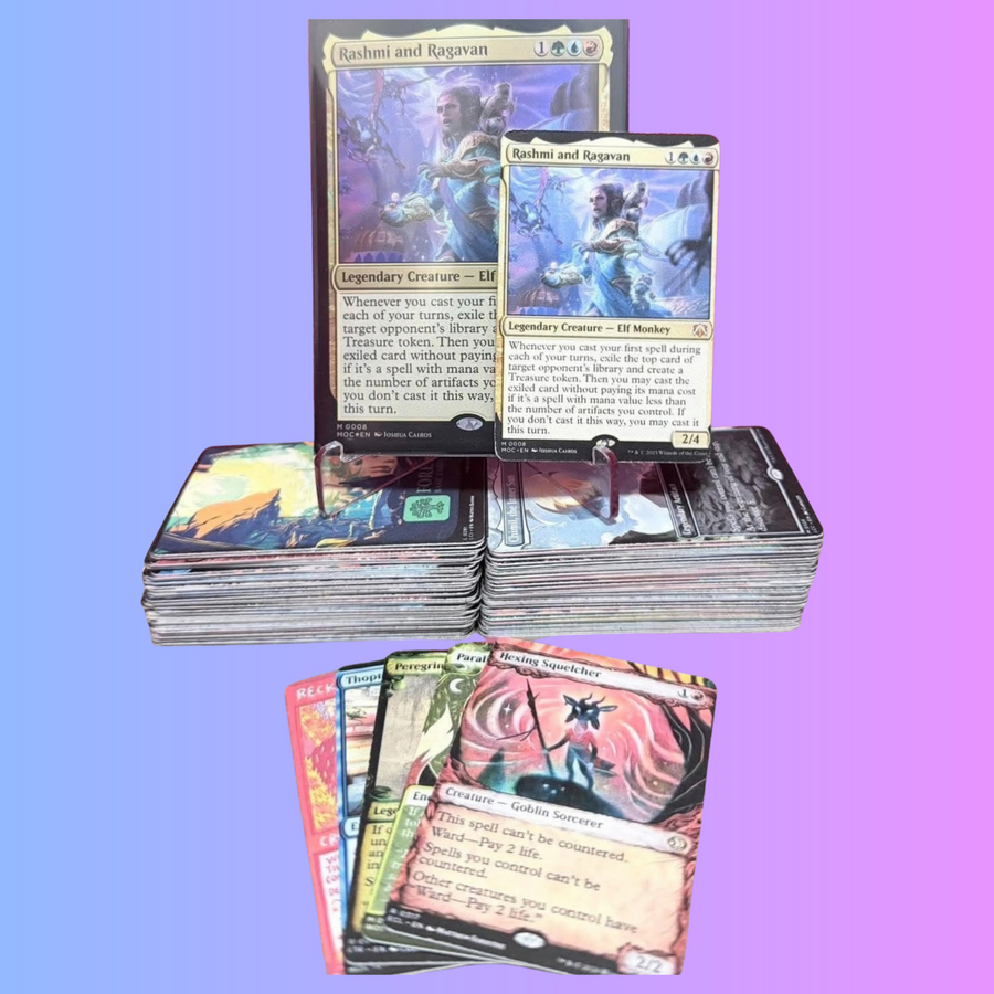 Standard and mini Rashmi and Ragavan custom cards above printed deck stacks, with miniature cards in front on a blue-to-purple background.