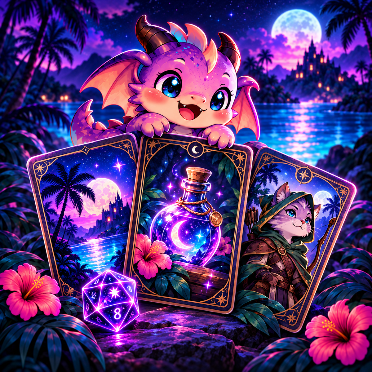 A little purple dragon with glowing dice and illustrated custom tabletop cards.